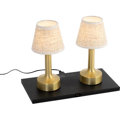 QAZQA - Modern Set mit 2 Tischleuchte I Tischlampe I Lampe I Leuchten Gold I Messing mit Beige RGBW wiederaufladbar - Elise Dimmer I Dimmbar - Aluminium Rund - I (nicht austauschbare) LED