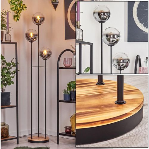 Fossobiubo Stehlampe aus Metall/Holz/Riffelglas in Schwarz/Hellbraun/Bernstein
