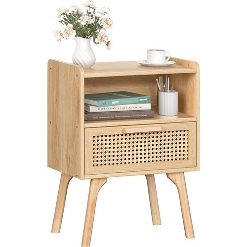 Nachttisch Rattan Boho mit Schublade und Regal, Massivholzfüße
