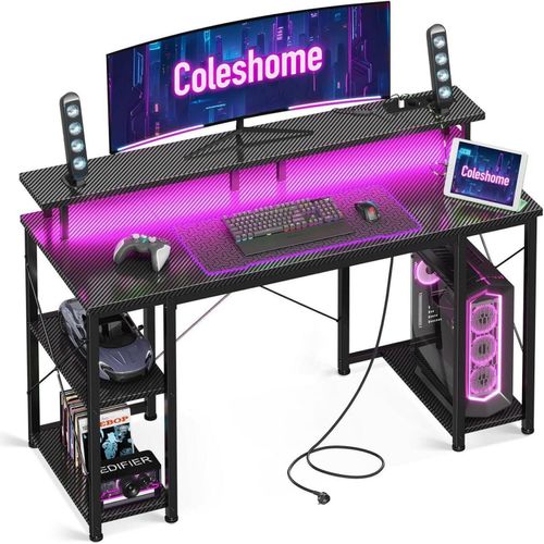 Coleshome Gaming Tisch LED-Beleuchtung 2 Steckdosen USB Schwarz 120x50cm