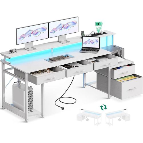 Coleshome Schreibtisch mit 5 Schubladen Stoff LED Gaming Tisch Weiß 160x48cm