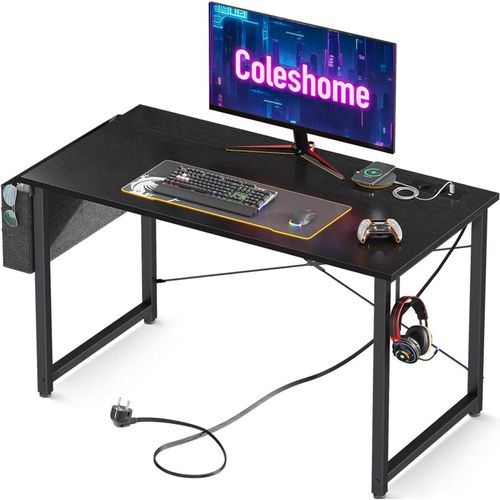 Schreibtisch 100x48cm mit Steckdosen und Aufbewahrungstasche, Schwarz
