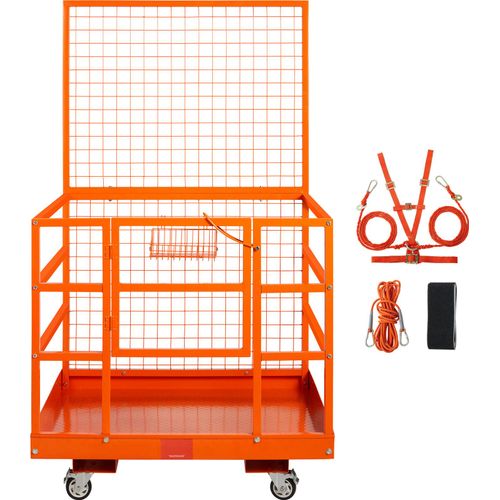 SucceBuy-Sicherheitskäfig für Gabelstapler, Tragkraft 635 kg, 109,2 x 114,3 cm Arbeitsplattform mit Sicherheitsgurt und Schloss, Abflussloch, Rädern und Werkzeugkorb