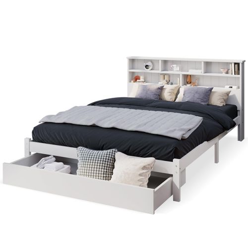 Massivholz Doppelbett mit Schubladen und Lattenrost, Bücherregal Jugendliche und Erwachsene Kinderbett, 140x200cm Weiß