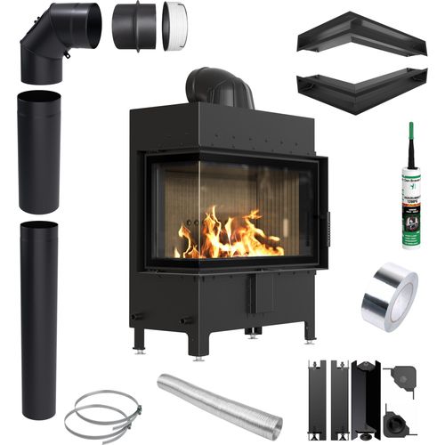 KRATKI LUCY links 14 kW Ø200 Eck SCHWARZ Kaminofen Einsatz Installationsset