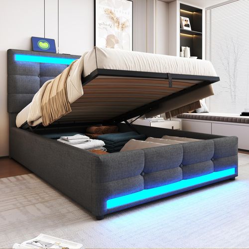 okwish Polsterbett 90×200 Jugendbett ohne Matratze mit USB und farbwechselndem LED-Lichtstreifen,Bettgestell mit Bettkasten,mit verstellbarem Kopfteil,Grau