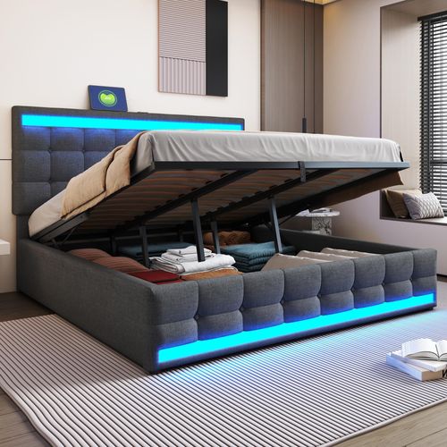 okwish Polsterbett 180×200 Jugendbett ohne Matratze mit USB und farbwechselndem LED-Lichtstreifen,Bettgestell mit Bettkasten,mit verstellbarem Kopfteil,Grau