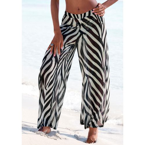 Strandhose FRENCH CONNECTION, Damen, Gr. 34, N-Gr, schwarz (schwarz, creme bedruckt), Mesh, Obermaterial: 95% Polyester, 5% Elasthan, bedruckt, modisch, figurumspielend lang, Hosen Palazzohose Weite Hose, aus transparenter Meshware, Palazzohose