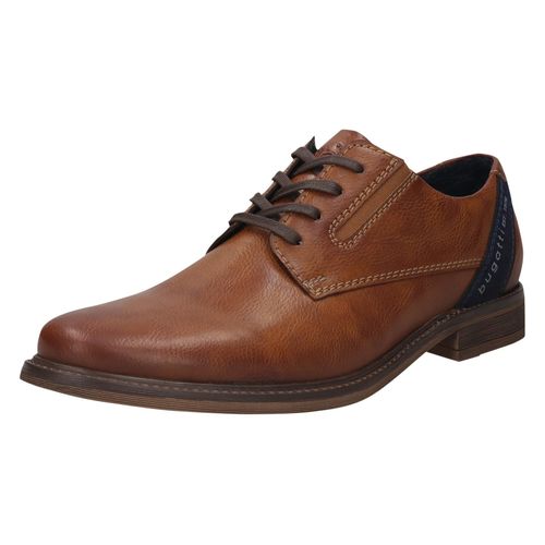 Schnürschuh BUGATTI, Herren, Gr. 42, braun (cognac), Lederimitat, casual, Schuhe, Anzugschuh, Business Schnürschuh mit modischem Fersen-Flag
