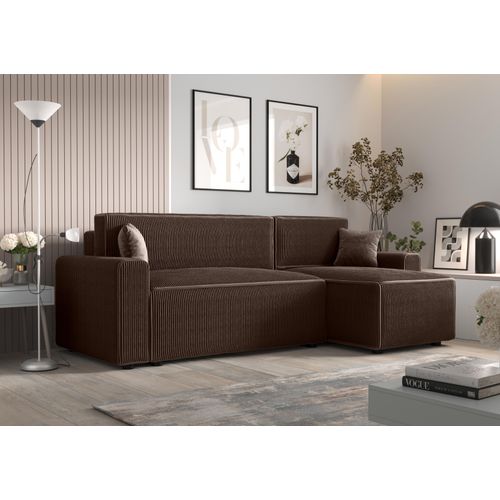 Ecksofa Alvito BIS, Farbe: Schokoladenbraun. Material: Kord. A: B: 252 cm,H: 85 cm,Länge: 140 cm, Eckcouch, Schlafcouch, Sofa bed, Schlafsofa