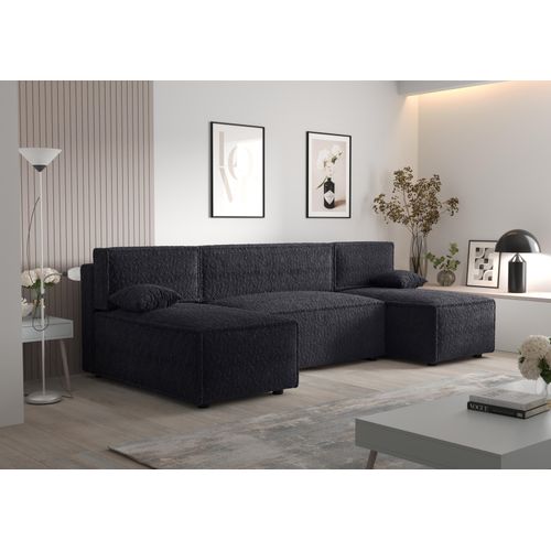 Ecksofa Alvito U, Farbe: Schwarz. Material: Bouclé. A: B: 290 cm,H: 85 cm,Tiefe: 105 cm, Eckcouch, Schlafcouch, Sofa bed, Schlafsofa