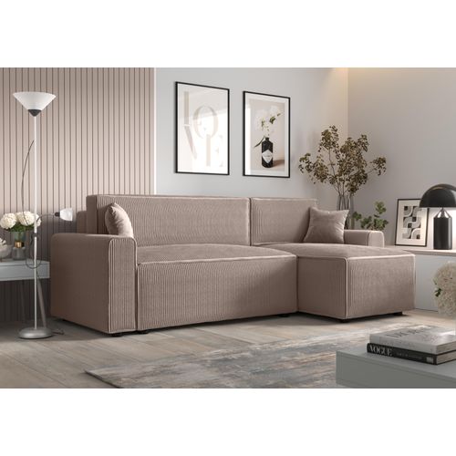 Ecksofa Alvito BIS, Farbe: Hellbraun. Material: Kord. A: B: 252 cm,H: 85 cm,Länge: 140 cm, Eckcouch, Schlafcouch, Sofa bed, Schlafsofa