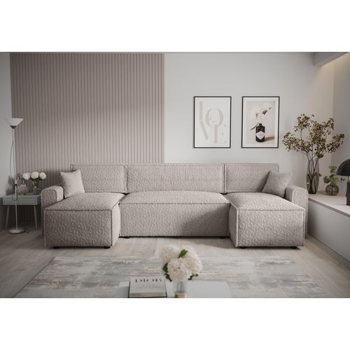Ecksofa Alvito U BIS, Farbe: Elfenbein. Material: Bouclé. A: B: 330 cm,H: 85 cm,Otomana Länge: 140 cm, Eckcouch, Schlafcouch, Sofa bed, Schlafsofa