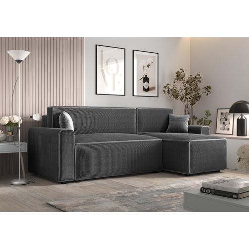 Ecksofa Alvito BIS, Farbe: Grau. Material: Kord. A: B: 252 cm,H: 85 cm,, Länge: 140 cm, Eckcouch, Schlafcouch, Sofa bed, Schlafsofa