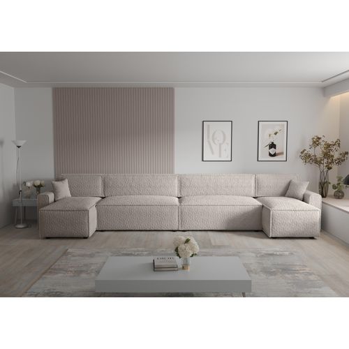 Ecksofa Alvito 2xU BIS, Farbe: Elfenbein. Material: Bouclé. A: B: 424 cm,H: 85 cm,Tiefe: 105 cm, Eckcouch, Schlafcouch, Sofa bed, Schlafsofa