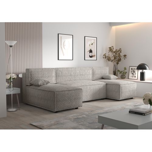Ecksofa Alvito U, Farbe: Elfenbein. Material: Bouclé. A: B: 290 cm,H: 85 cm,Tiefe: 105 cm, Eckcouch, Schlafcouch, Sofa bed, Schlafsofa