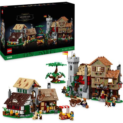 LEGO Icons Mittelalterlicher Stadtplatz, Bauset für Gescchichtsliebhaber, mittelalterliches Dorf Felsa, Wohnzimmer-Deko, kreative Geschenkidee, beinhaltet 8 Minifiguren 10332