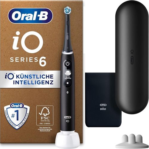 Oral-B iO Series 6 Plus Edition Elektrische Zahnbürste/Electric Toothbrush PLUS 3 Aufsteckbürsten 5 Putzmodi für Zahnpflege Reiseetui Designed by Braun black lava
