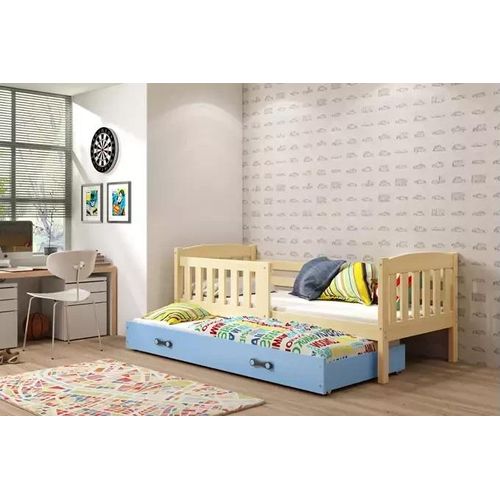 Kinderbett mit Zustellbett ohne Matratzen 80x190 BRIGID – Kiefer / Blau