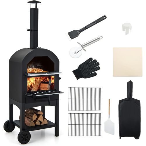 GOPLUS 2 in 1 Pizzaofen outdoor, Gartenofen mit Pizzaschieber Pizzastein Grillroste Thermometer & wasserdichte Abdeckung, mobiler Holzofen Garten mit Griff, Rädern für Party Camping Picknick BBQ