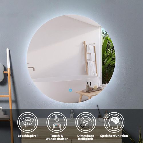 LED Badspiegel Rund 80cm mit Beleuchtung Badezimmerspiegel Kaltweiß mit Touchschalter Beschlagfrei Dimmbar Speicherfunktion