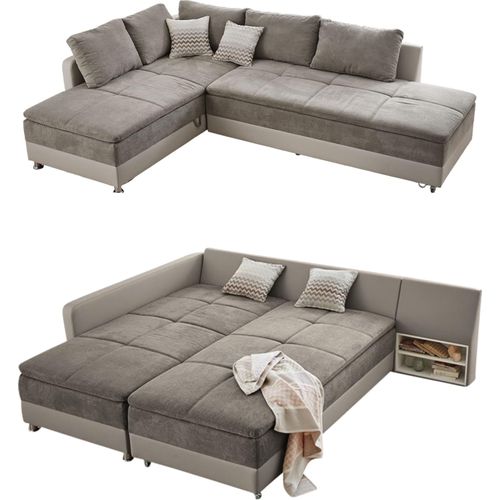 ECKSOFA-DAUERSCHLÄFER Doppelbett Federkern Bettkasten Couch in Grau Braun Beige / 15102