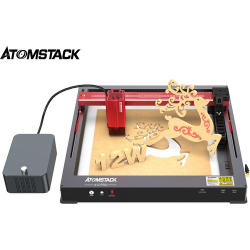 ATOMSTACK A12 PRO mit F60 Dual Pump Air Assist - 12W Hochpräziser Gräviermaschine, 0,02mm Feinheit, Ideal für Holz, Metall, Acryl, Papier & Leder