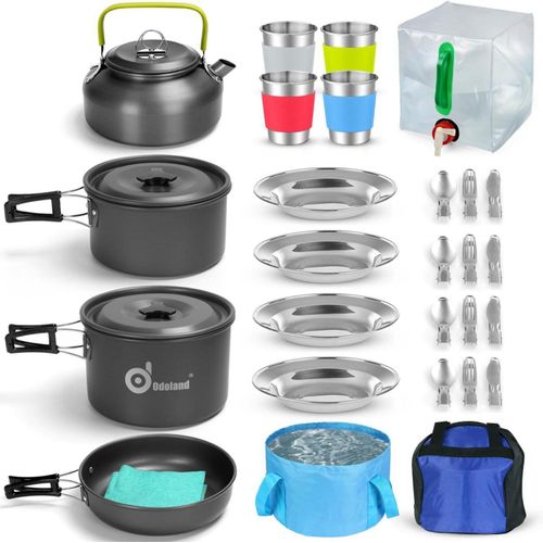 29-teiliges Camping Kochgeschirr Set aus Aluminium und Edelstahl