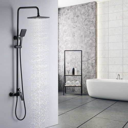 Duscharmatur Schwarz, Höhenverstellbar 90-124cm, Regendusche Duschkopf, Handbrause