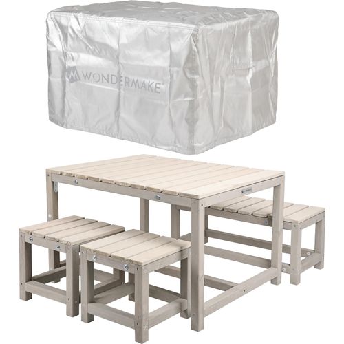 WONDERMAKE® Design Kindersitzgruppe Outdoor Garten Holz mit Abdeckung Kinder-Sitzgarnitur Indoor Picknick-Gruppe ab 3 Jahre Gartenmöbel-Set grau beige