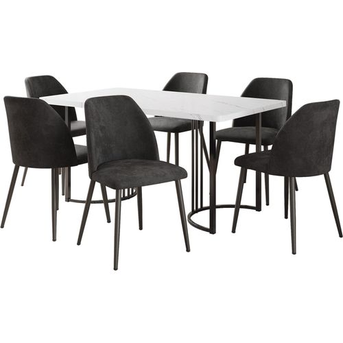 Essgruppe (7-tlg) 140x80cm Esstisch mit 6 Stuehlen Set Kuechentisch Set Dunkelgrauer Stuhl Weisser MDF Tischplatte Esszimmerstuehle mit Rueckenlehne
