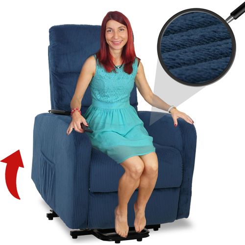 Fernsehsessel HWC-K62, Relaxsessel TV-Sessel Liege, Liegefunktion Aufstehhilfe, Metall Stofff/Textil Cord blau