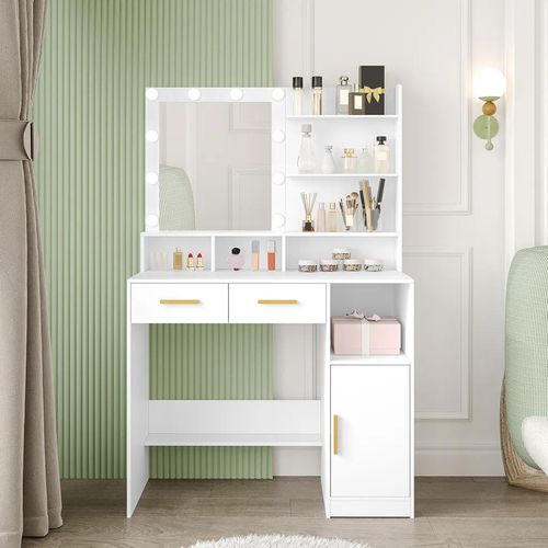 Schminktisch mit Spiegel und 10 LED-Beleuchtung, Einstellbare Helligkeit, Schminkkommode mit 2 Schublade & 1 Schrank, 3 Ablagen & 4 offenen F?chern, Wei?