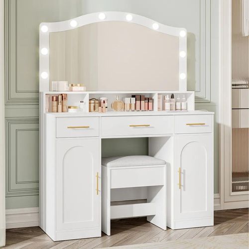 Schminktisch mit Hocker, HD Gro?er Spiegel, 3 Farbig Einstellbare LED-Leuchten, mit Ladestation 2 AC Steckdosen und 2 USB Ports, 3 Schubladen und 2 Stauschrank, Wei?-Gold