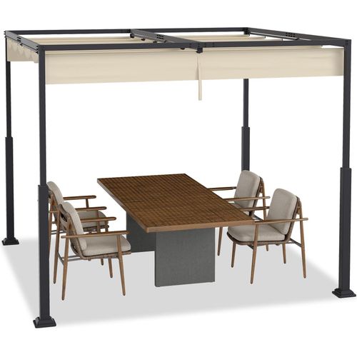 JOIEYOU 3x3m Garten Pergola Stabile Gartenlauben mit Stahlrahmen & Schiebedach, 245cm Hoch Pavillon mit UV-Schutz Einziehbar Welle Überdachung Partyzelt für Balkon Terrasse Strand (Beige)