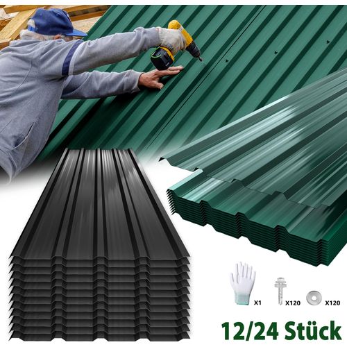 TWOLIIN 24 Stück Wellplatten Dachplatten Verzinkter Stahl 129,5x45 cm, Trapezblech Profilblech 14 m² Verzinkt, Wetterfeste Dachbleche für Garage Gartenhaus, Grün