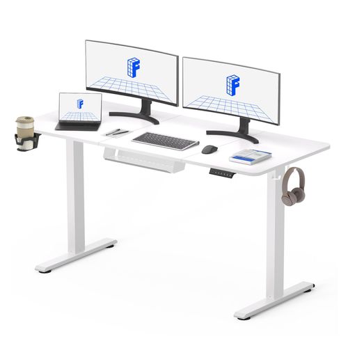FLEXISPOT Höhenverstellbarer Schreibtisch 140x60cm 70 kg Tragkraft 4 Memory-Funktion Anti-Kollisionsschutz Becherhalter Haken Kabelmanagement (Weiß)
