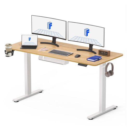 FLEXISPOT Höhenverstellbarer Schreibtisch 140x60cm 70 kg Tragkraft 4 Memory-Funktion Anti-Kollisionsschutz Becherhalter Haken Kabelmanagement (Ahorn)