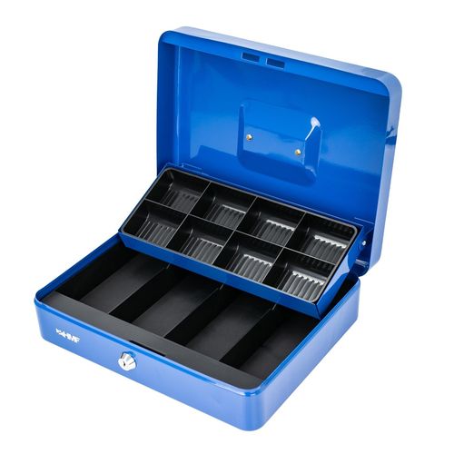 HMF Geldkassette mit 8 Münz- und 4 Geldscheinfächern, 30 x 24 x 9 cm, blau