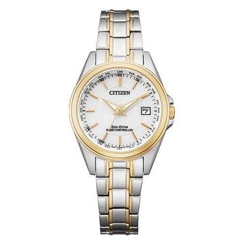 Funkuhr CITIZEN, silber (silberfarben, goldfarben), Armbanduhren, Damen, Armbanduhr, Damenuhr, Solar, Lederarmband, Saphirglas, Datum