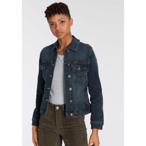 Jeansjacke ARIZONA, Damen, Gr. 52, blau (dunkelblau us), Denim/Jeans, Obermaterial: 98% Baumwolle, 2% Elasthan, Basic, figurbetont kurz, Langarm abgestepptes Bündchen mit Knöpfen, Jacken, aus Baumwollmischung, figurbetont, in Stretch-Qualität