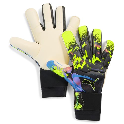 Torwarthandschuhe PUMA "ULTRA Ultimate TEASER Hybrid Torwarthandschuhe Unisex", Damen, Gr. 8, schwarz luminous lila lime squeeze gelb, 76% Latex, 23% PES, 1% PU, Handschuhe