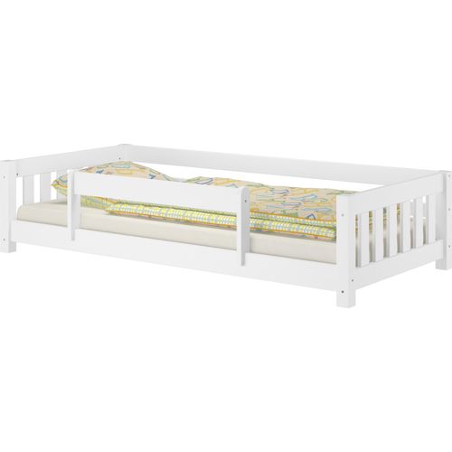 Weißes Bodenbett Kinderbett 90x200 Kiefer massiv Zubehör wählbar V-60.28-09Wmit Kindersicherung und Rollrost inkl.