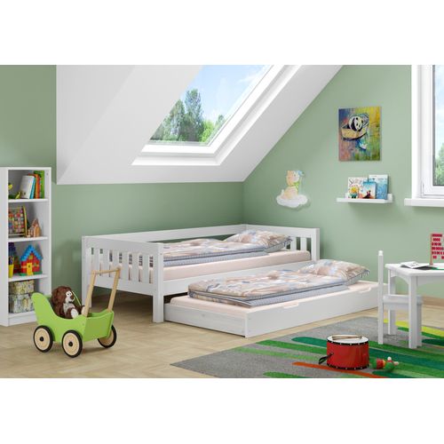 Gemütliches Kinderbett mit dreiseitiger Sicherung 90x200 cm Kiefer weiß V-60.29-09WRollrost. Matratze und Gästebettkasten inkl.