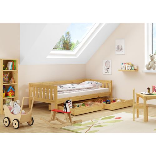 Gemütliches Kinderbett mit dreiseitiger Sicherung 90x200 cm Kiefer V-60.29-09Rollrost und Doppelbettkasten inkl.