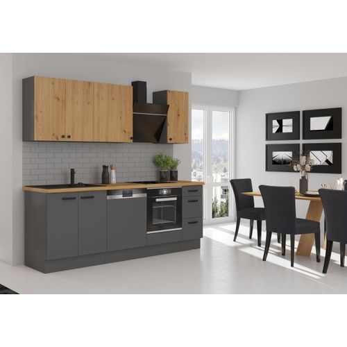 Küche NESSA & AVA Basic 240 cm Anthrazit Eiche Artisan Küchenzeile Küchenblock