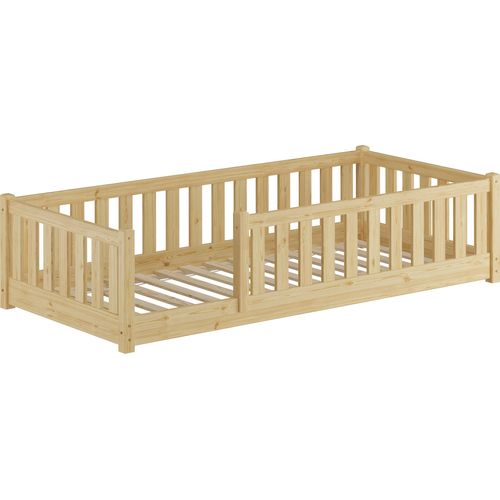 Baby-Bett, Holzbett 90x200 mit Rundumsicherung Kiefer natur lackiert V-60.77-09Rollrost und Matratze inkl.