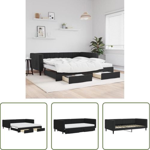 The Living Store Tagesbett Ausziehbar mit Schubladen Schwarz 100x200 cm Samt
