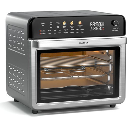 Klarstein AirGlaze Digital Colour Heißluftfritteuse – 34 L, 2200 W, 19 Programme, Drehspieß, Touch Display, 40-350 °C, Pizzastein & Grillroste, Edelstahl, Doppelt Verglaste Tür, Schwarz