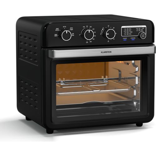 Klarstein AirGlaze Heißluftfritteuse – 34 L, 2000 W, 9 Programme, Drehknopfsteuerung, Rotisserie, Panoramascheibe, Zubehörset: Grillrost, Bratkorb, Backblech, Drehspieß, Schwarz